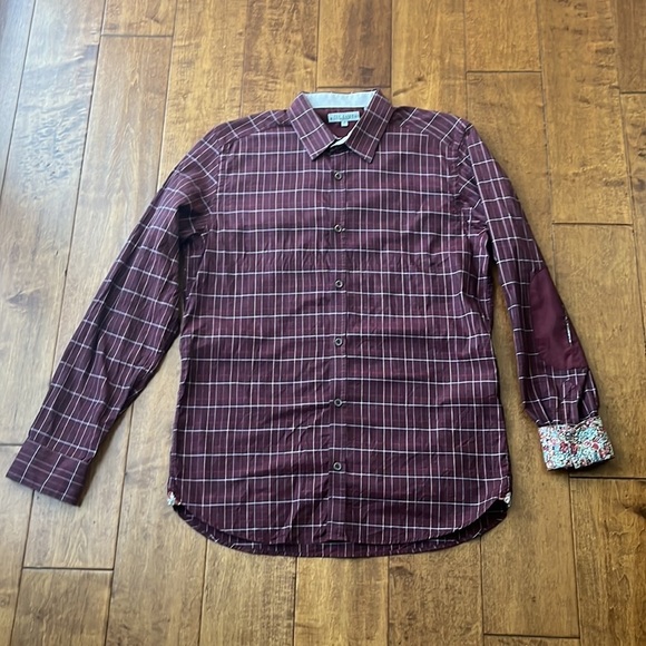 Ted Baker Button Down Shirt Elbows Patch Burgundy Plaid - Picture 3 of 13